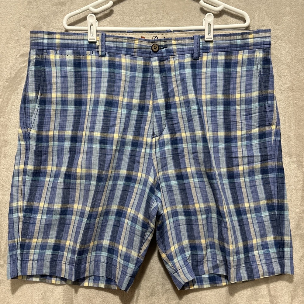 Tommy Bahama Paddleboard Plaid Linen-Tencel Short Men's 40 Blue Pockets Logo